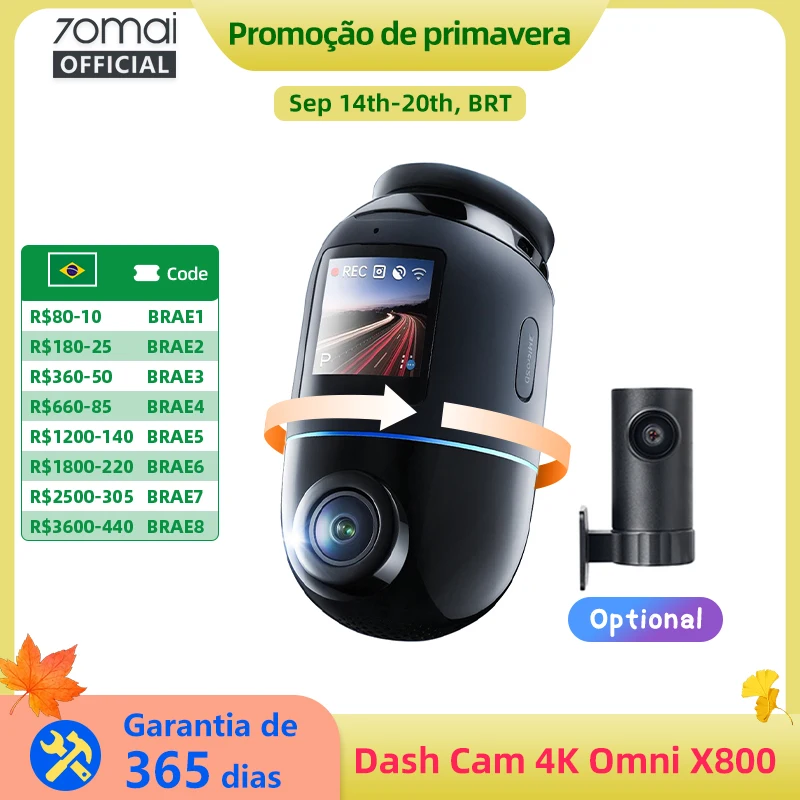 Versão global 70mai Dash Cam 4K Omni X800 360 ° Supercapacitor