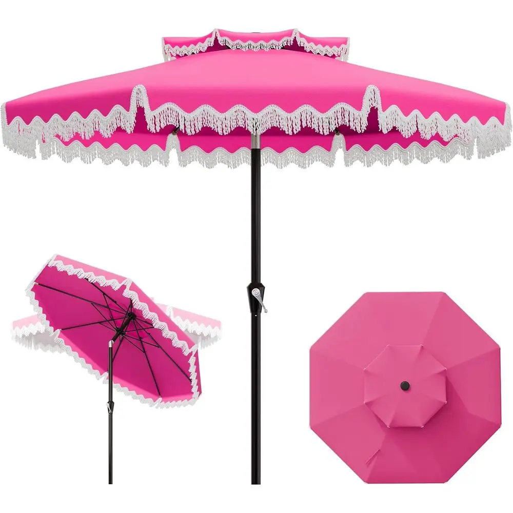 

Wind-Resistant Fiberglass 8-Rib Tassel Patio Umbrella with Crank and Push Button, Double Tier Vent for Outdoor Shade, Rose Pink
