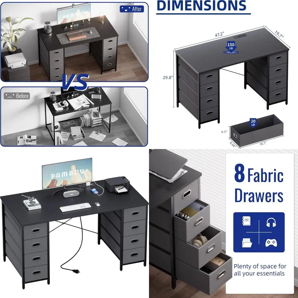

Игровой и домашний офисный стол 47 Black с 8 тканевыми ящиками для ПК, учебы и письма