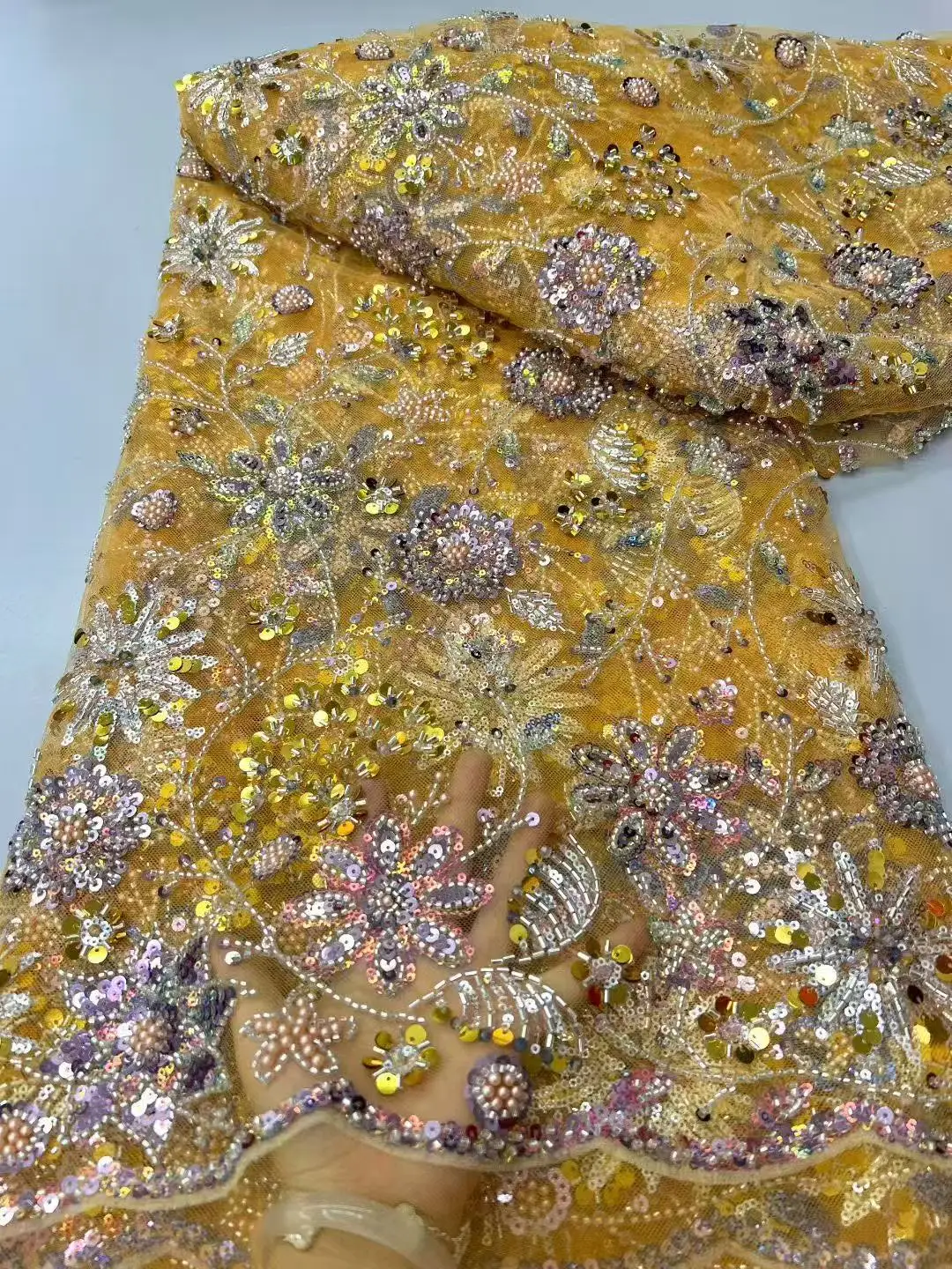 

African Nigerian Sequins Beaded Tulle Lace Fabric 2025 High Quality French 3D Beaeds Embroidery For Prom Luxury Dresses