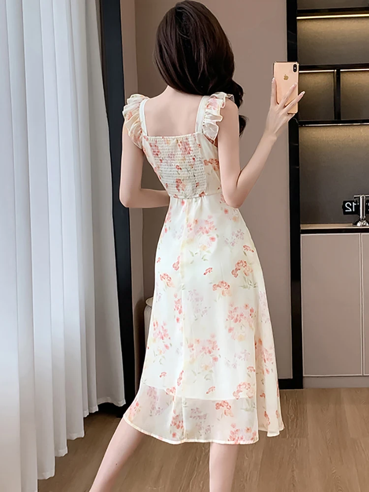 Women Beach Style Floral Chiffon Ruffled Long Dress Summer Fashion Square Collar Sling Sexy Dress 2024 Korean Elegant Prom Dress