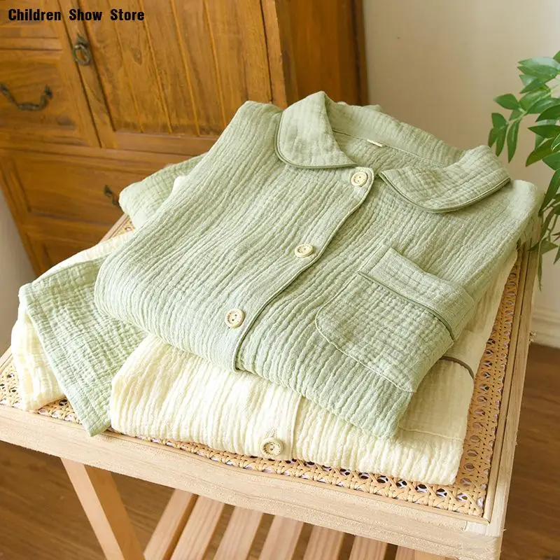 

Green Double Layered Cotton Yarn Breathable Pajamas Suit Women Sleepwear Autumn New Loungewear Home Clothes 2Pcs Top Pants
