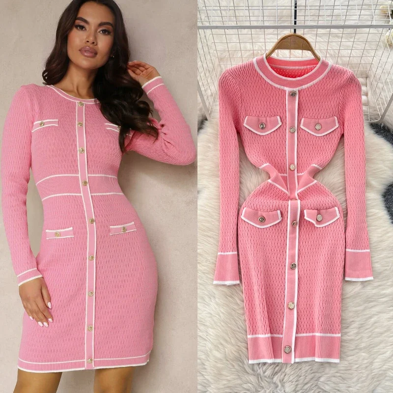 

Pop New Autumn/winter Korea Dress Popular Cotton Women's Socialite Small Fragrant Style Round Neck Dress Fashio Slimming Knit Sk
