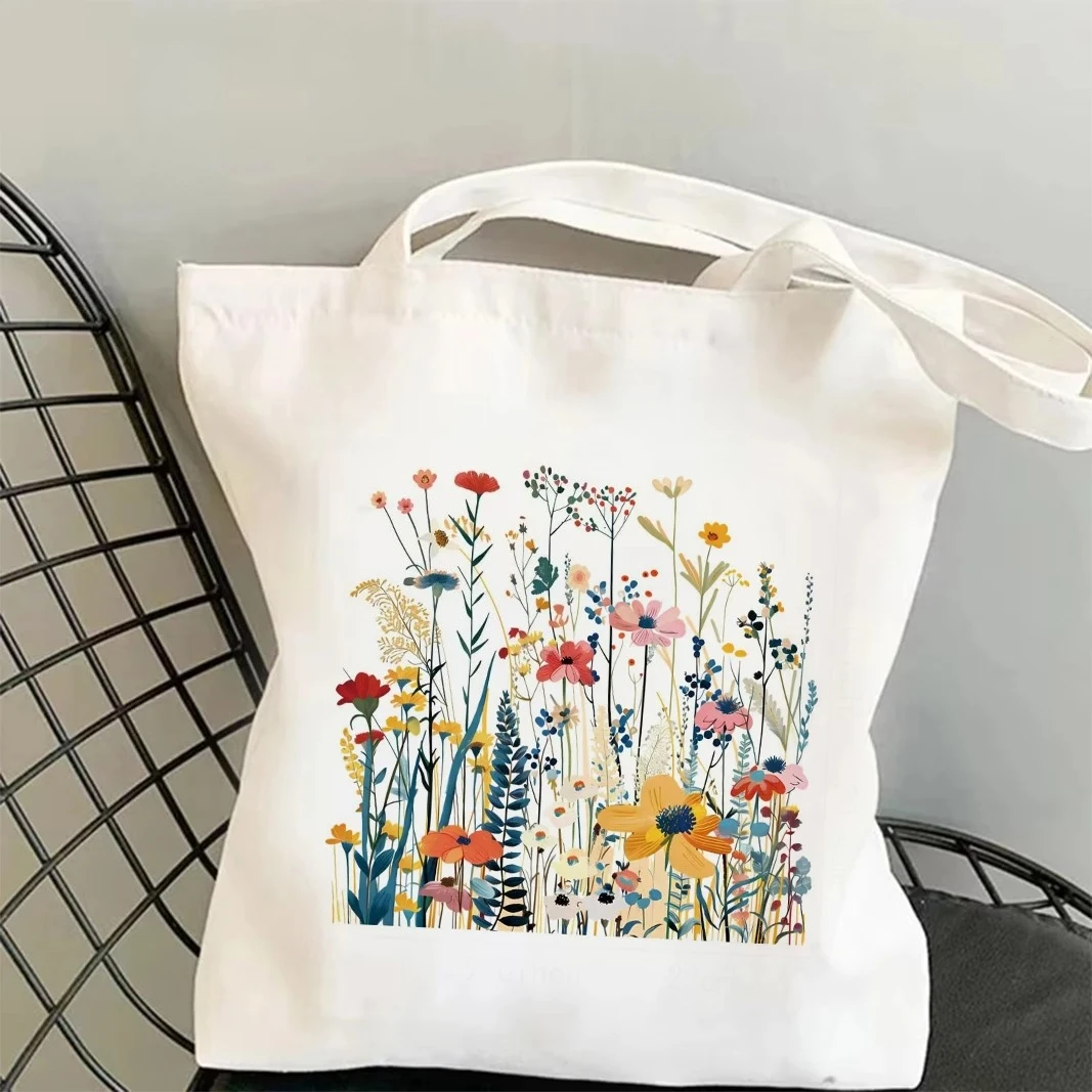 Chic Grass and Floral Print Canvas Tote Bag Trendy Functional Bag Ideal for Commuting Shopping and Carrying Daily Necessities