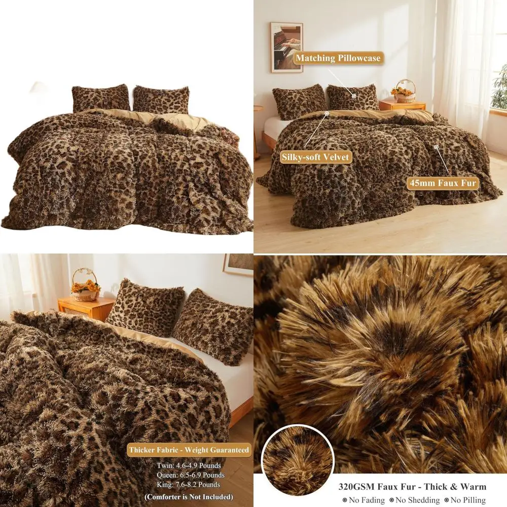 

Queen Size Cheetah Faux Fur Duvet Cover Set with 2 Pillowcases, Soft Plush Leopard Print Bedding, Zippered Closure, Brown