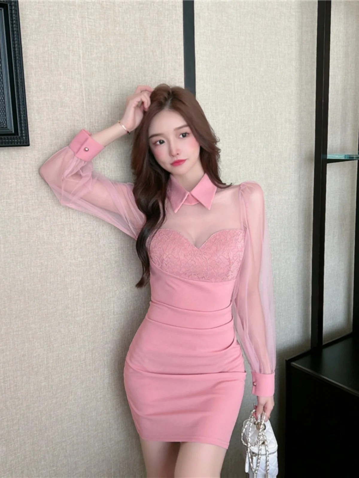 

Сексуальное ort Sve Long Dr with Me Прозрачный дизайн Кукольный воротник Сращивание Вечернее платье трапециевидной формы с силуэтом и высокой талией