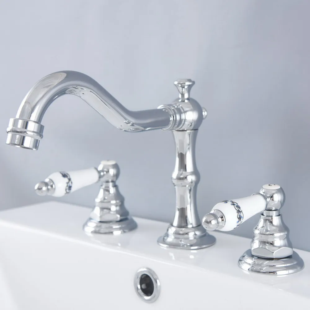 

Polished Chrome Brass Deck Mounted Dual Handles Widespread Bathroom 3 Holes Basin Faucet Mixer Water Taps tnf974