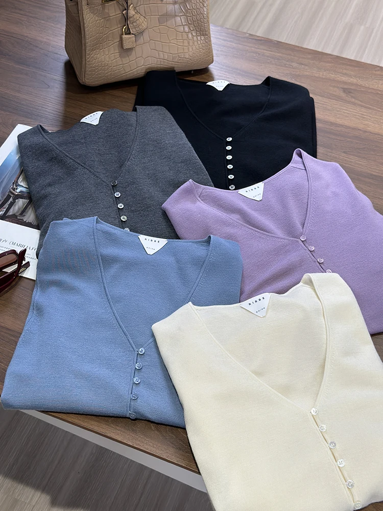 

Женская шерстяная футболка Ele V-Ne Fibone с пуговицами, вязаная плоской спицей GAO Level Four, повседневная, для работы, стандартный крой