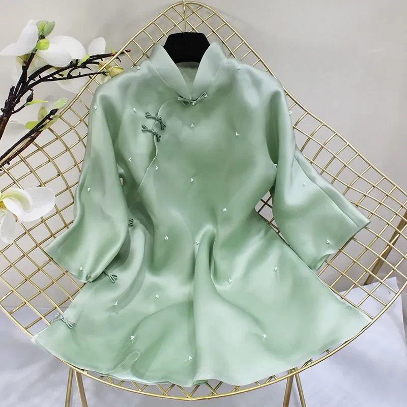 Spring and Summer New Beaded Chinese Style Retro Organza Improved Short Cheongsam Tang Suit Top Trendy