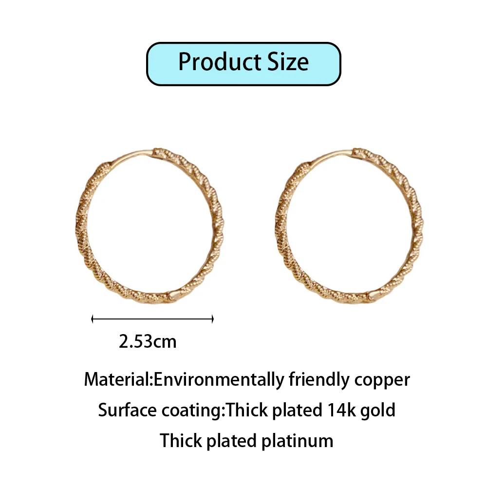Fashionable 14k Gold Plated Metallic Texture Round Hoop Earrings For Women Party Vintage Fine Jewelry Exaggeration Accessories