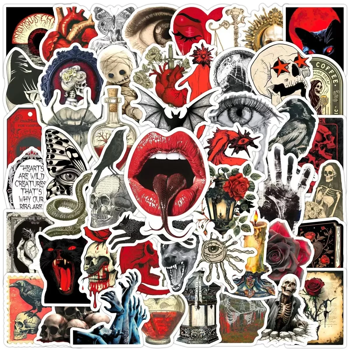 50PCS Vintage Gothic Schwarz Rot Horror Schädel Graffiti Aufkleber DIY Telefon Gepäck Fahrrad Halloween Goth Dekoration Aufkleber Spielzeug