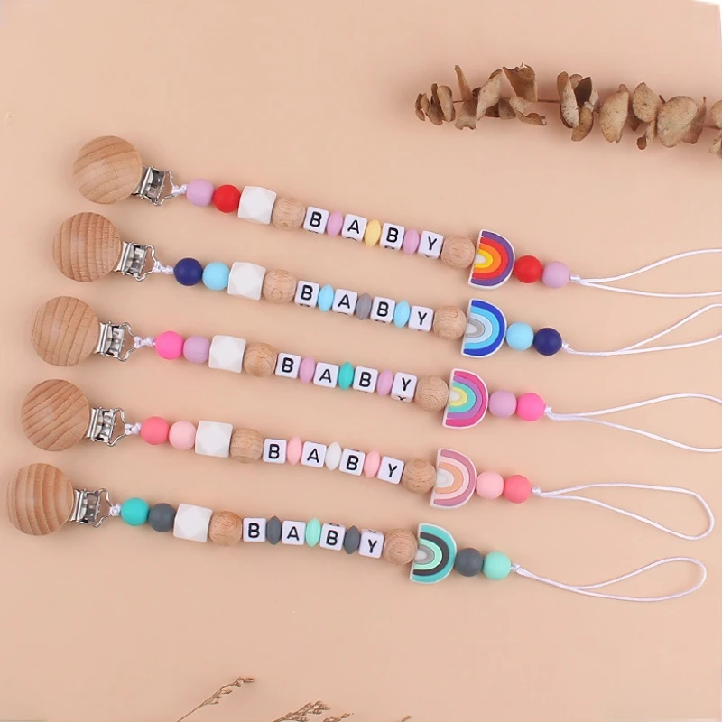 Personalized Name DIY Baby Pacifier Clips Wood Rainbow Dummy Nipples Holder Clip Chain Newborn Teething Toys Feeding Accessories