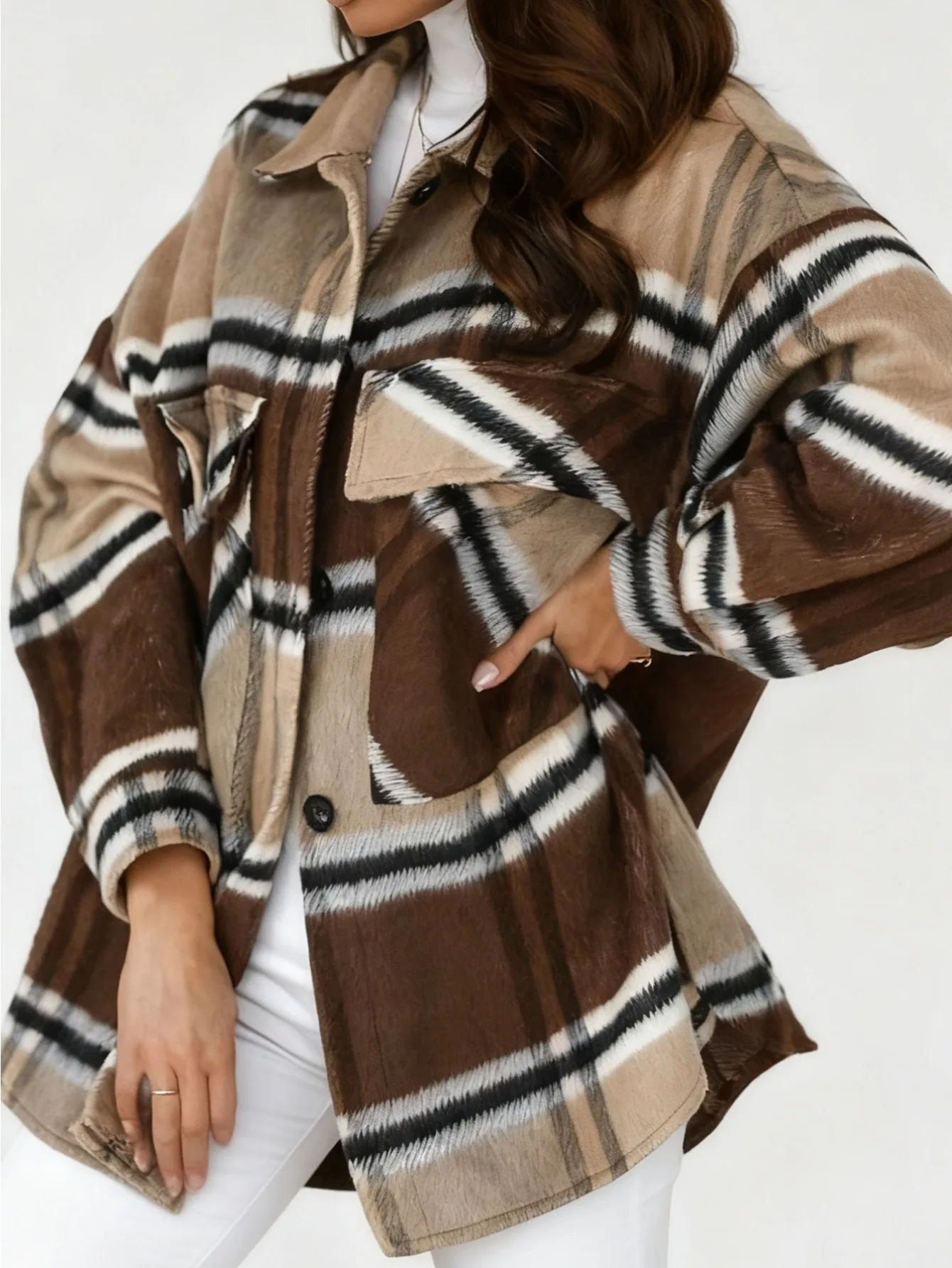 

Women's Fashion Long Sleeve Plaid Print Shirt Warm Coat Ladies Autumn Winter New Style Single Breasted Lapel Pocket Coat