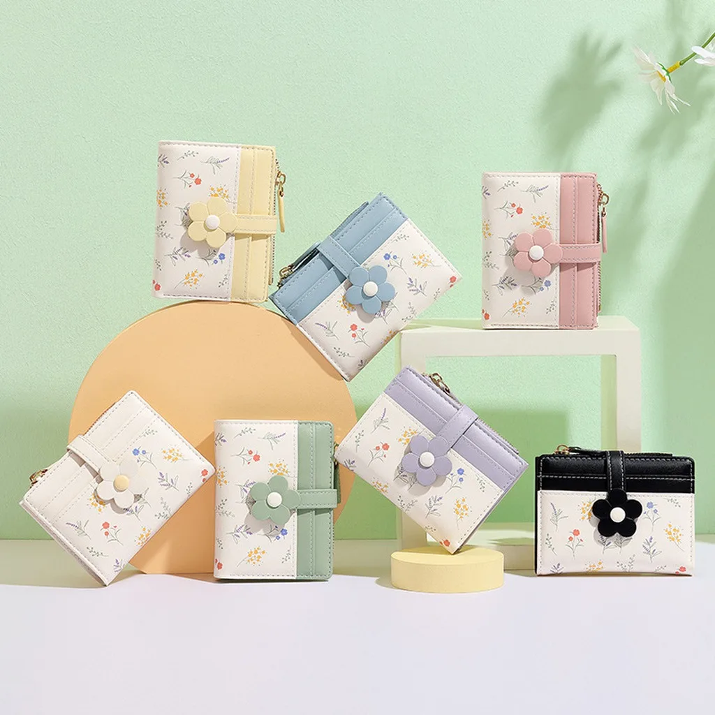 Flower Short Women Wallet Girl Mini Slim PU Leather Female Coin Hasp Purse Ins Hot Small Bifold Clutch Money Multi-Cards Holder