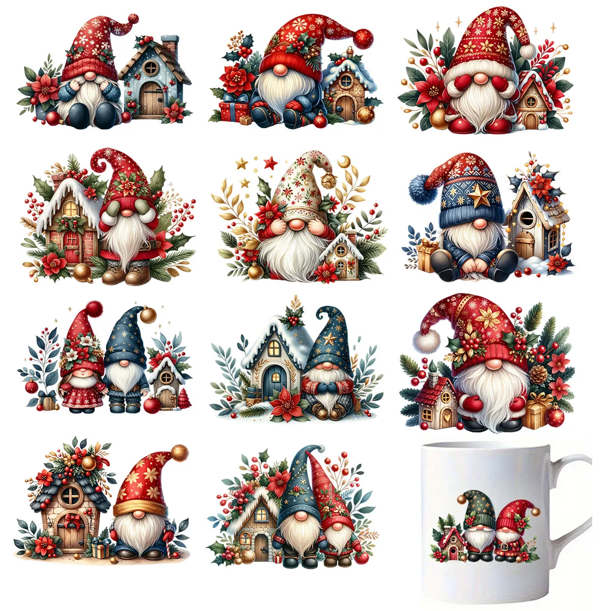 12pcs Christmas Winter Santa Claus Gnomes UV DTF Cup Wrap Transfer Sticker Glass Coffee Mugs Decoration Xmas Cards Decal