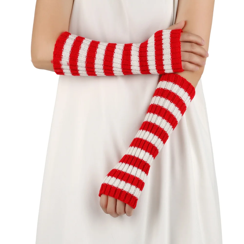 Y2K Striped Fingerless Arm Warmers Women Daily Wear Gothic Lolita Gloves Knit Sleeves Stretch Autumn Winter JK Cosplay Arm Cover