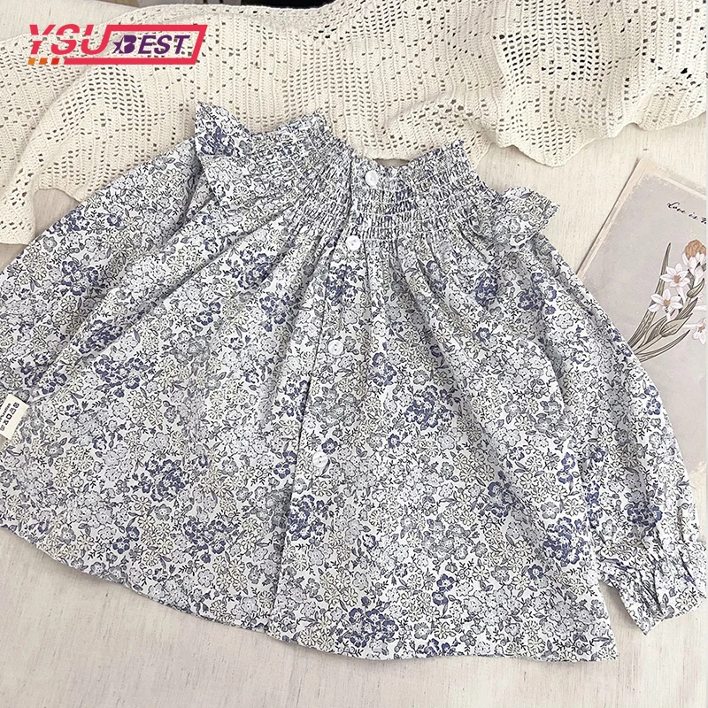 

Spring Baby Girls Blue Flowers Blouses 1-5Yrs Girl's Shirt Embroidery Cotton Long Sleeve Tops Toddlers Kids Casual Shirts Ruffle