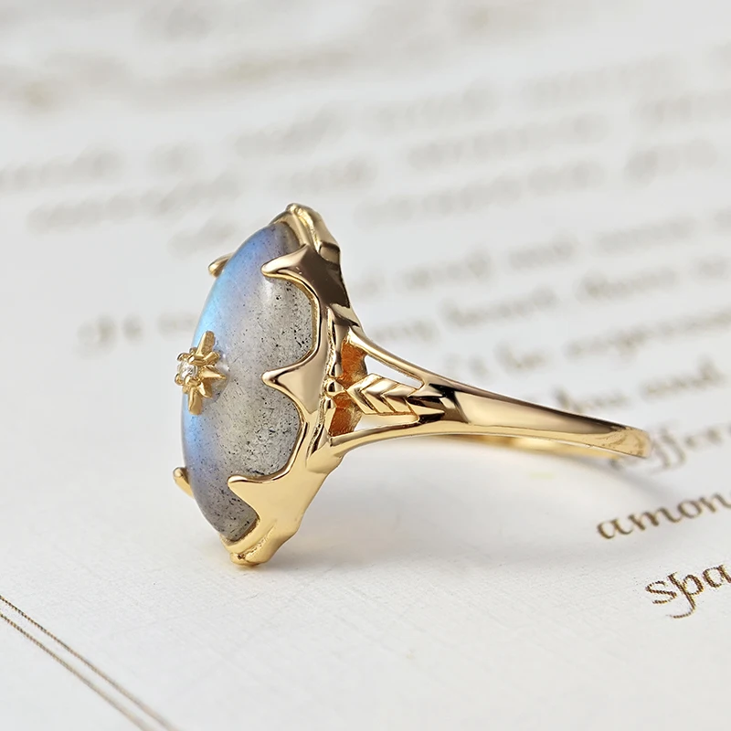 LAMOON Gemstone Labradorite Ring For Women Natural Stone 925 Sterling Silver Gold Vermeil Jewelry Mysterious Sky Vintage Ring