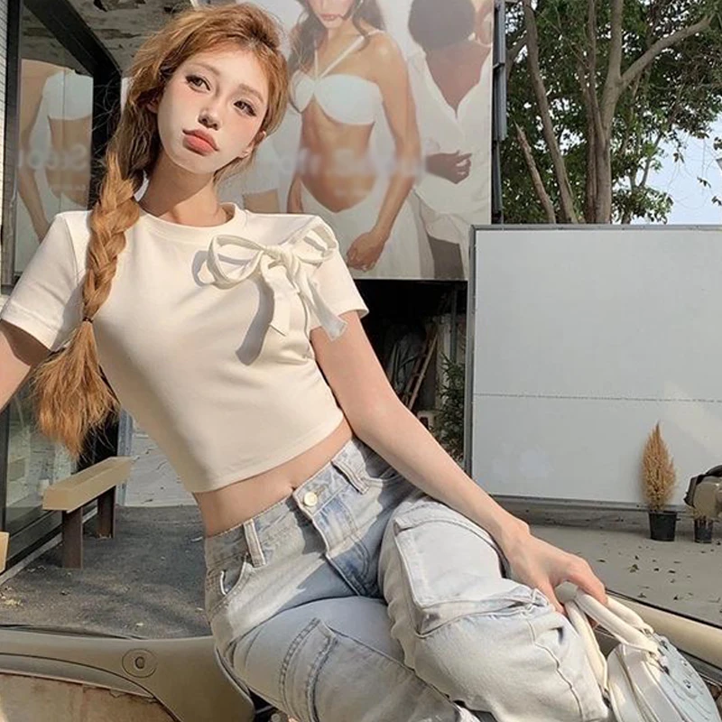 

Женский короткий топ с бантом, милый однотонный топ с круглым воротником, модная футболка с бантом