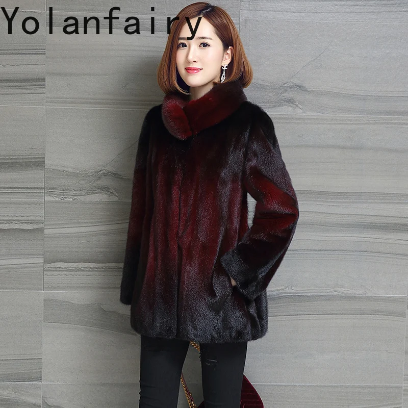 YOLANFAIRY الراقية كله فرو المنك سترة للنساء 2025 الشتاء الفاخرة معطف الفرو الطبيعي امرأة منتصف طول الدافئة الفراء معاطف جاكيتات