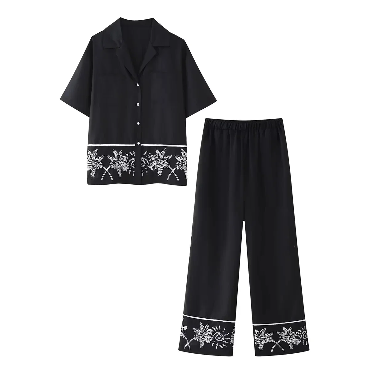 

Summer Women's Sets New Casual Lapel Single breasted Short Sleeve Shirt+Elastic High Waist Straight Pants Women 2-Piece Sets