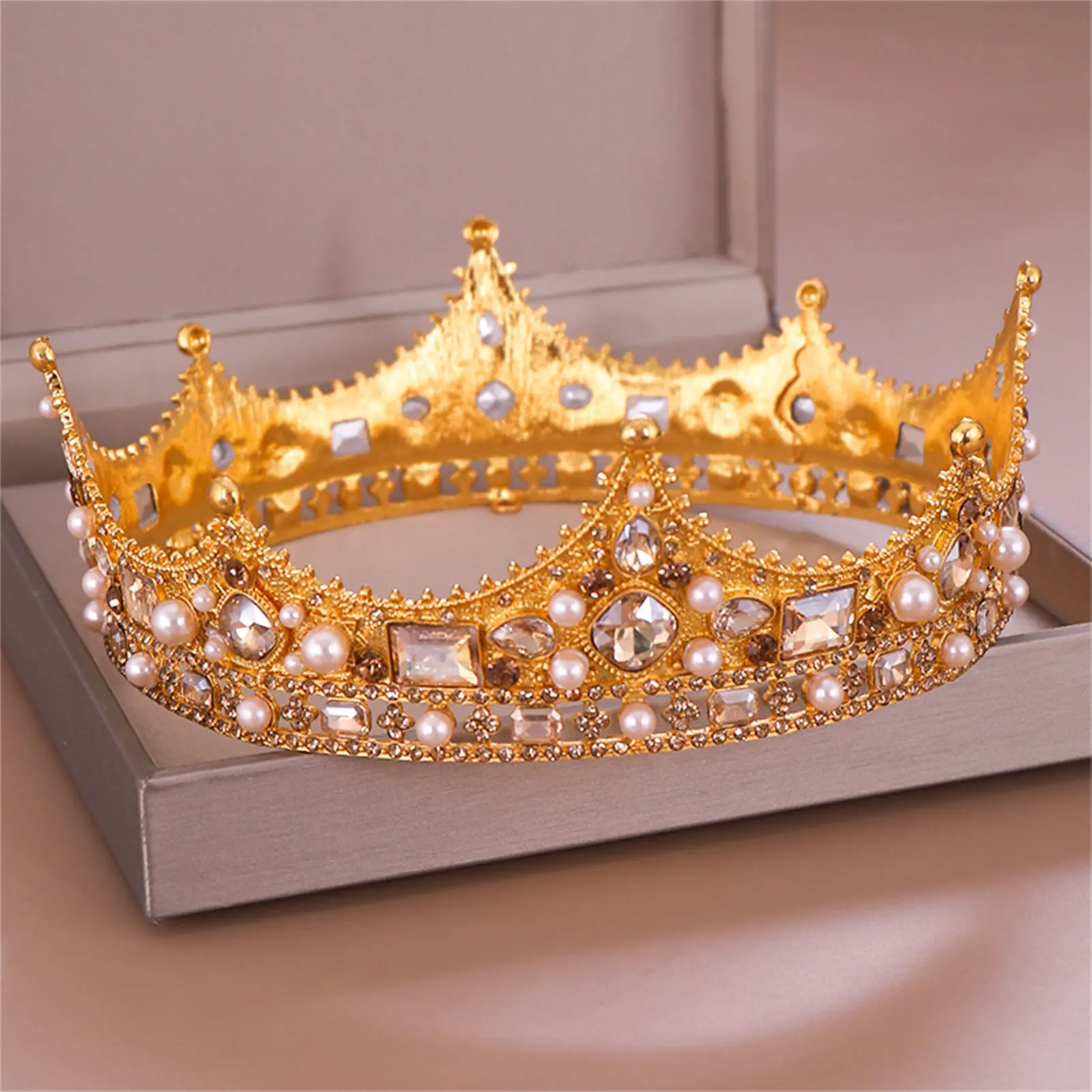 Accessori per capelli corona di perle stile corte corona di strass per ragazze barocche per diadema corona in lega da sposa