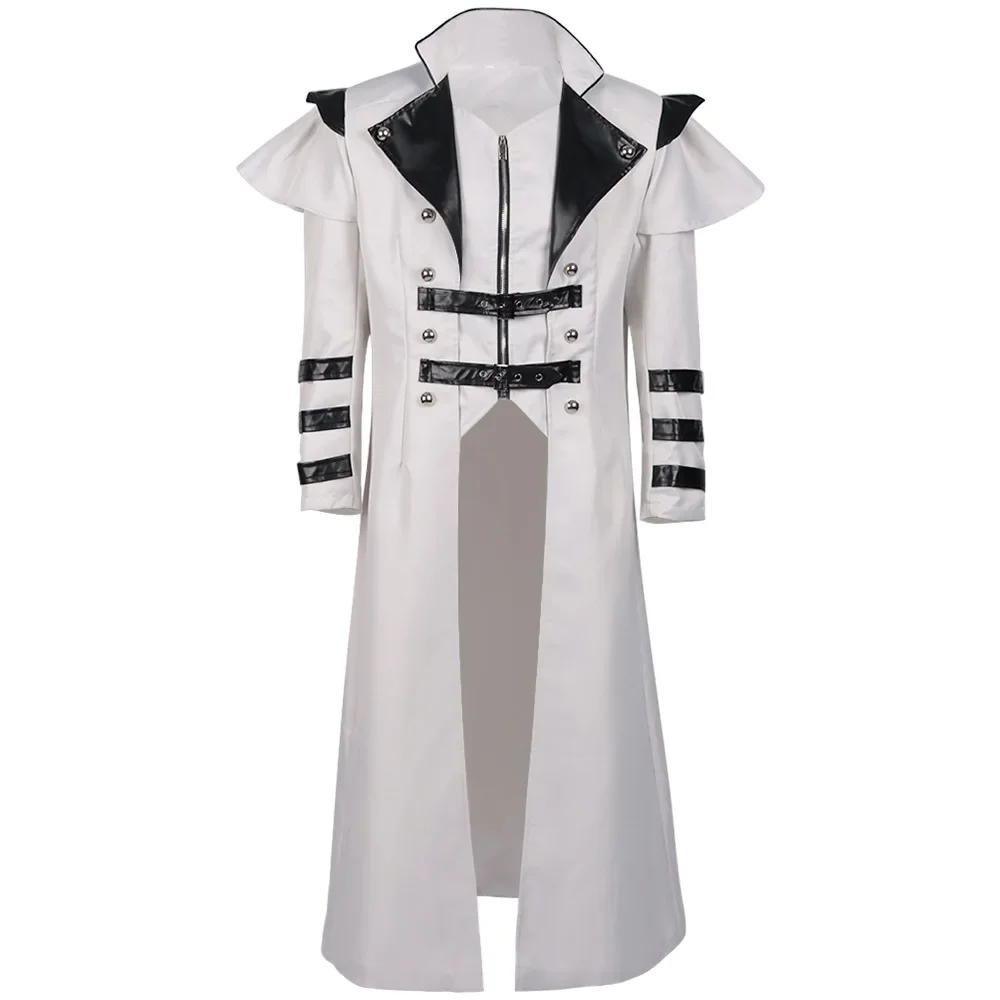 Disfraz de Halloween Medieval Steampunk de Elfo Asesino Pirata para Adultos, Chaqueta Larga Negra con Aberturas, Armadura Gótica, Abrigos de Cuero