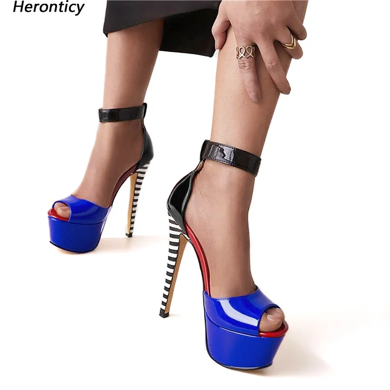 

Heronticy Handmade Women Summer Sandals Buckle Strap Peep Toe Thin High Heels Nice Blue Pink Red Party Shoes Ladies US Size 5-20