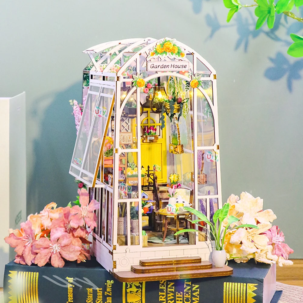 3D Wooden Miniature Greenhouse Book Nook with LED Lighting 4