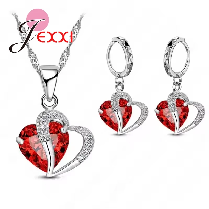 100% Real 925 Sterling Silver Jewelry Set Shiny Cubic Zircon Heart Pendant Necklace Leverback Earrings for Women Gift
