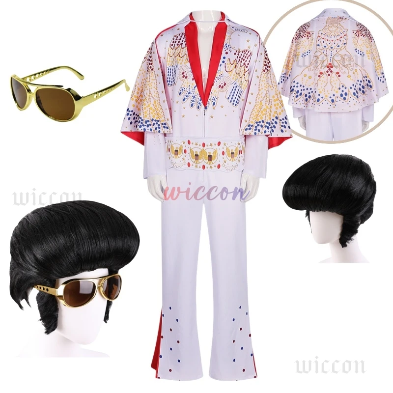 Elvis Cosplay Costume Anime Presleley Rocker Performance Uniform Wig Glasses Halloween Carnival Party Outfits Set for Men