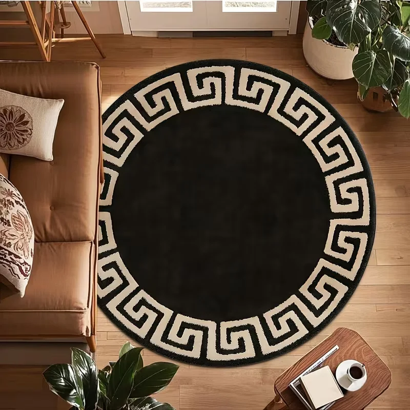 Schwarze runde Matte mit griechischem Schlüssel für Wohnzimmer, Schlafzimmer, griechisches Schlüsselmuster, elegante zeitlose Abdeckung, langlebige Couchtisch-Bodenmatte