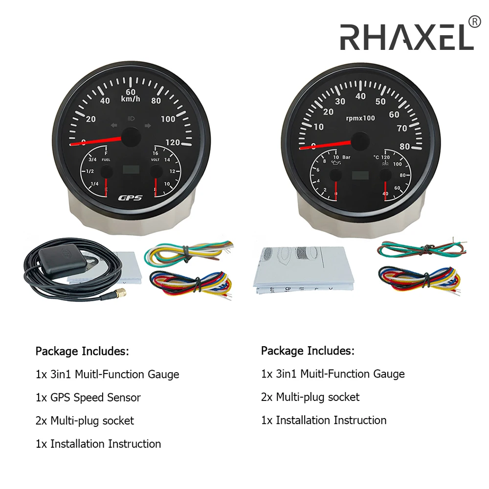 

RHAXEL 110mm Car GPS Speedometer 120KM/H Tachometer 8000RPM Fuel Level Water Temp. 40-120℃ Oil Pressure Gauge Voltmeter 12V 24V