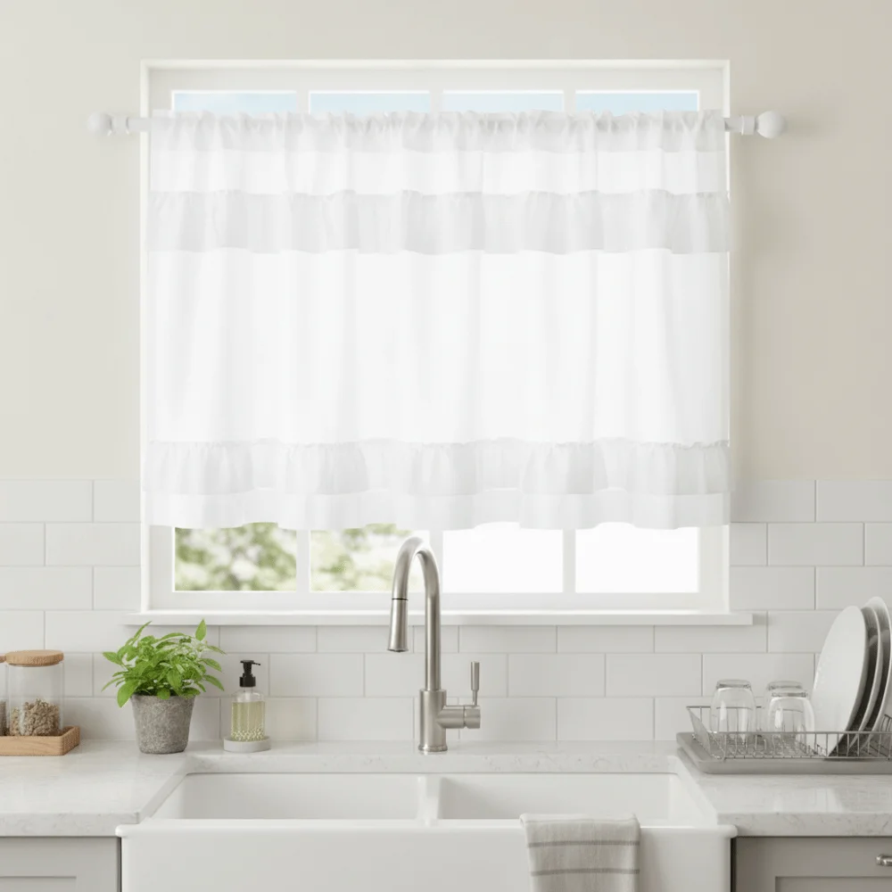 American Pastoral Style Ruffled Edge Kitchen Cabinet Short Curtain Light-blocking Decorative Kitchen Oven Curtain White