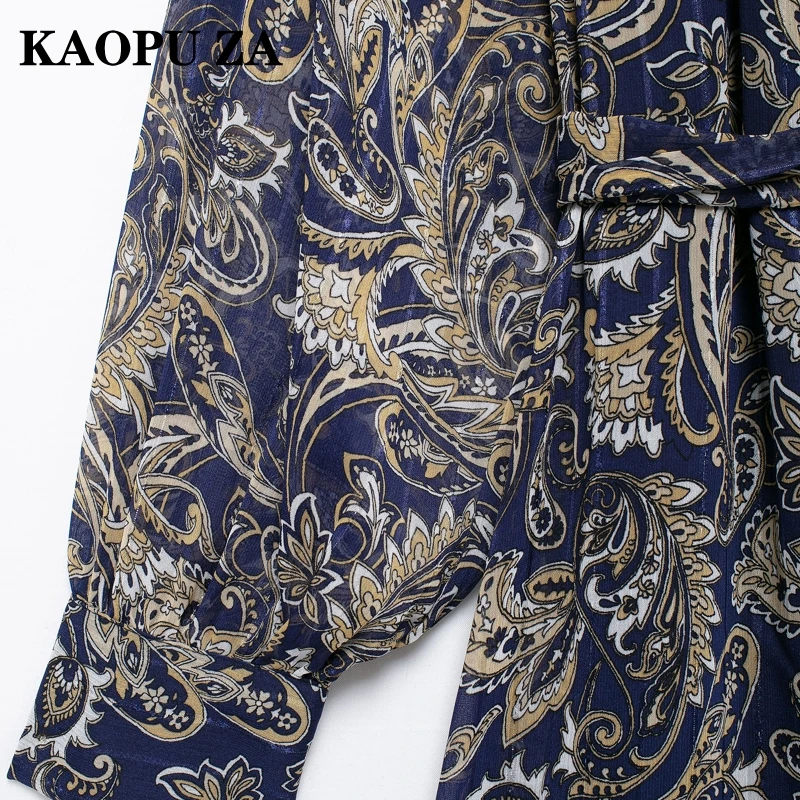 KAOPU ZA Woman\'s 2024 New Autumn Vintage V-Collar Ruffles Print Dress Female Casual belt Long Sleeve Dresses Blouses Top