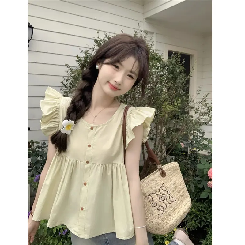 

Pure Cotton Summer Doll Shirt round Neck Short Sleeve Soft Gentle Versatile Top Trendy Women's Fashion Commute Style Korean L...
