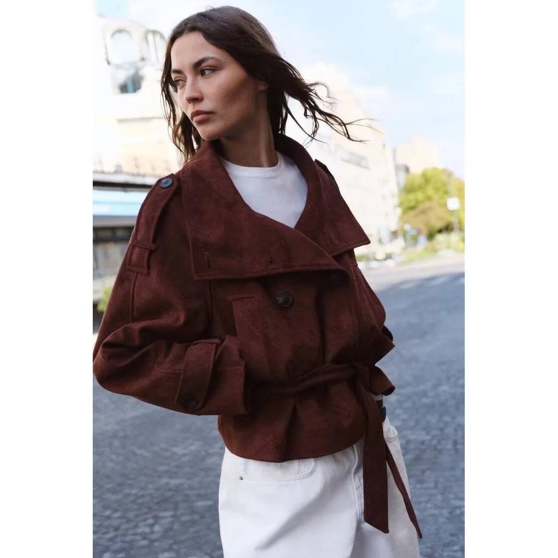 Fashionable Versatile Stand Collar Belted Velvet Texture Effect Jacket Outerwear ZR Wind Women's Polyester Standard Fit Short...