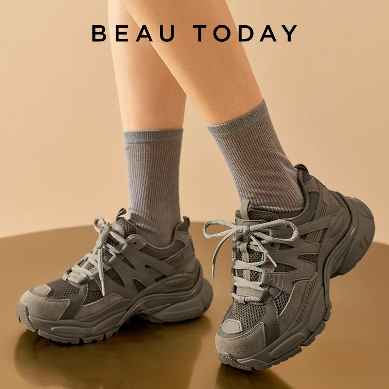 BeauToday プラットフォームスニーカー女性メッシュソリッドカラー通気性トレーナーレースアップラウンドトゥ厚底レディースシューズ手作り 29462