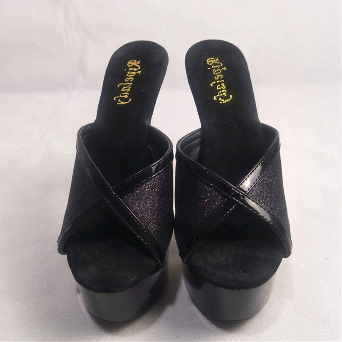 

​15CM Platform Slide Sandals Shoeteng, Black V-Cross Band Mules with Chunky Sole, Extreme Height Party Shoes​