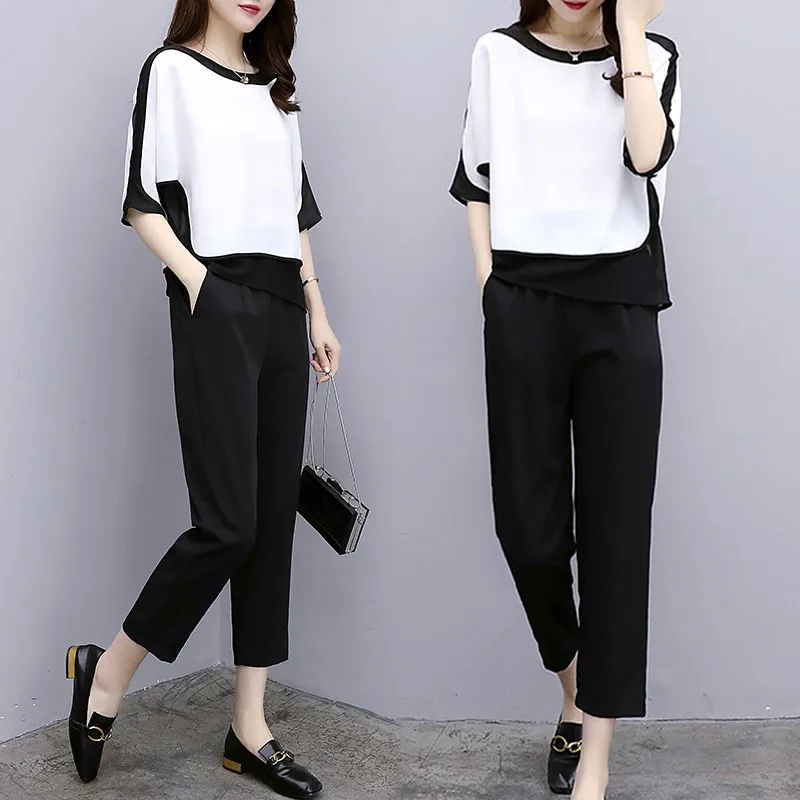 

Fashionable Short Sleeve Summer Outfit plus Size Women's Clothing Slimming Concealing Belly Covering Two-Piece Set for Women