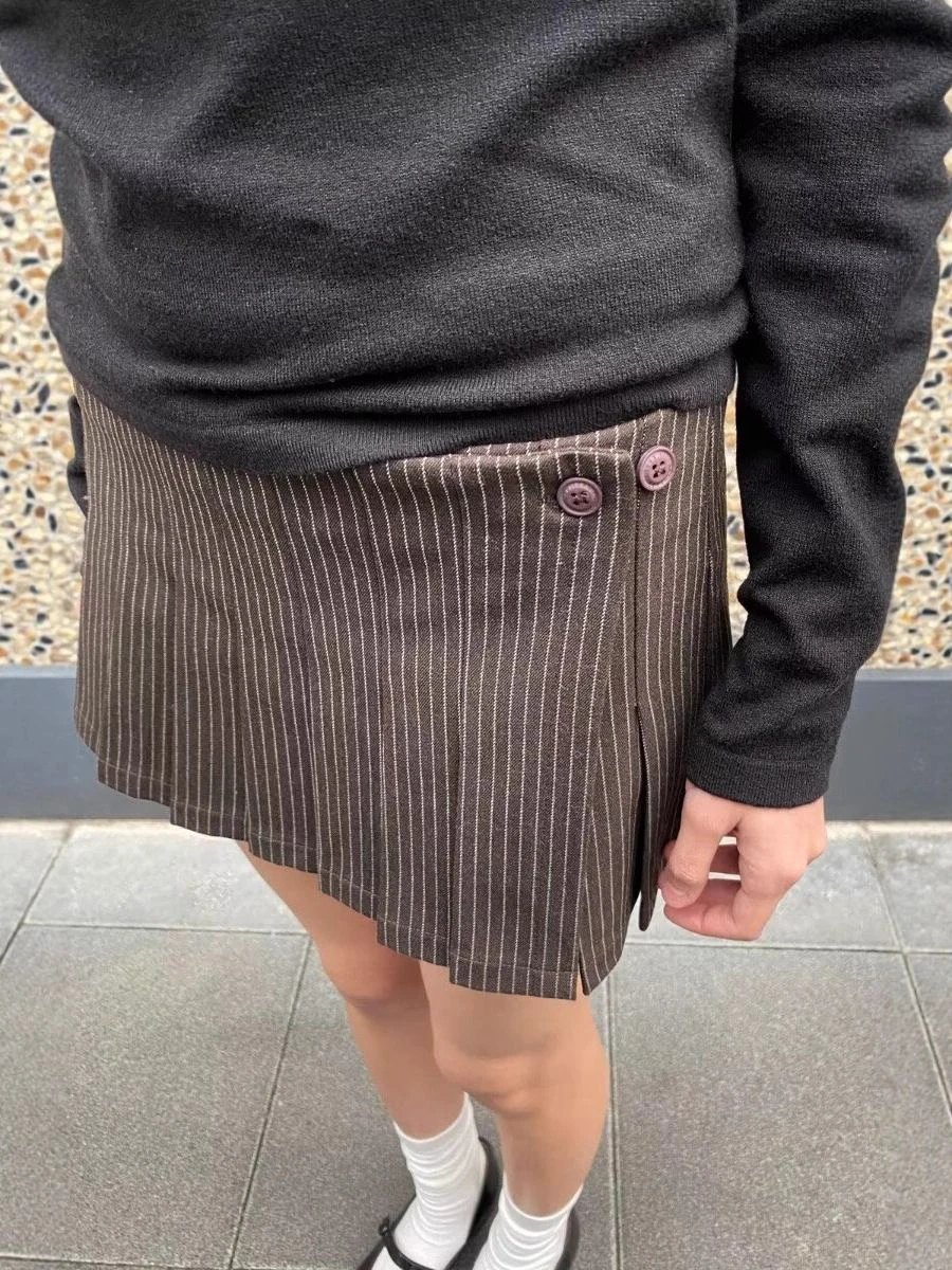 Spódniczki mini w paski kawowe, plisowane, damskie, wiosenne, z niskim stanem, w kształcie litery A, bawełniane, krótkie faldas, damskie, w stylu vintage preppy, nowe.