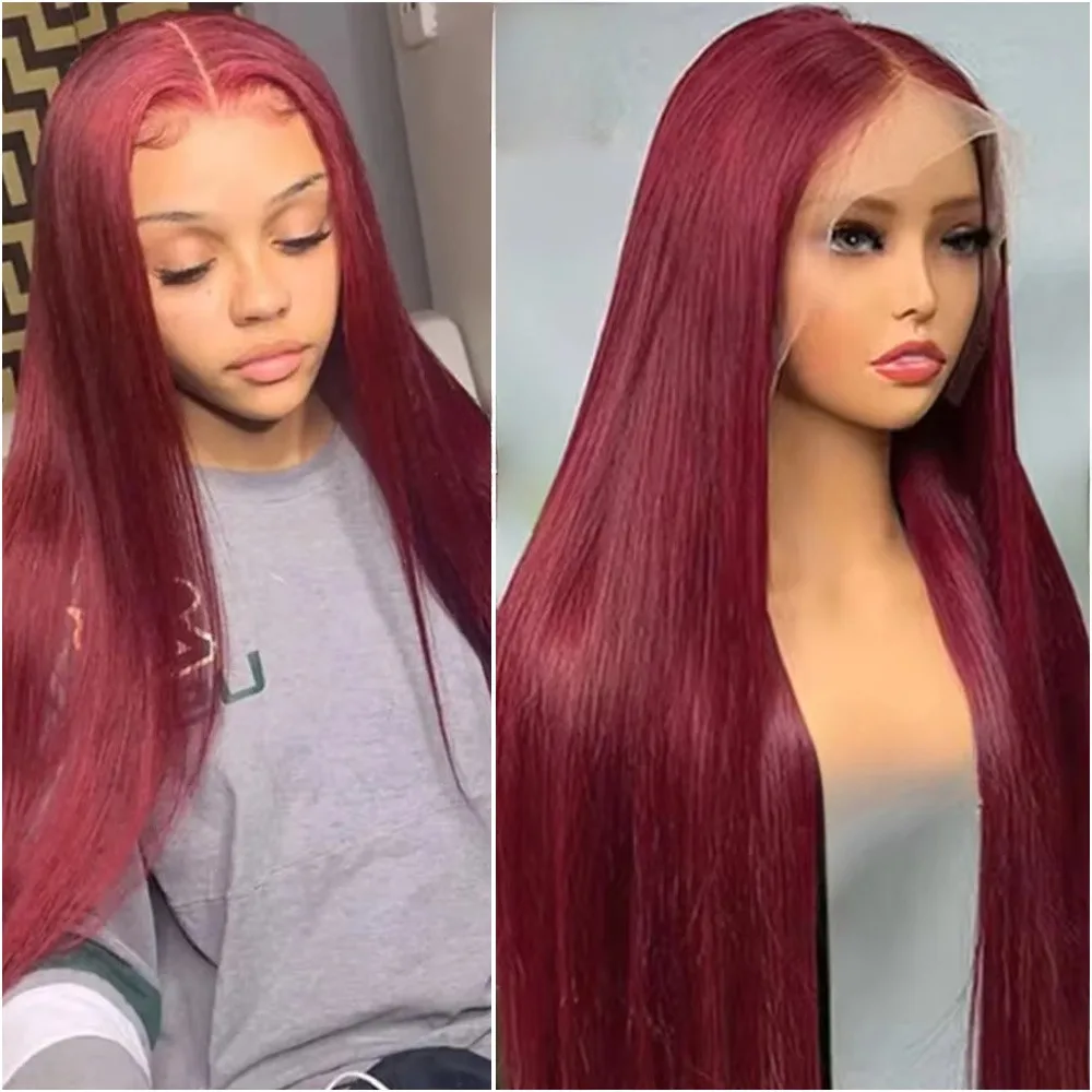 

200 Density 99J Burgundy 13x6 Lace Frontal Human Hair Wigs Brazilian Colored 30 36 Inch Straight Red Lace Front Wigs Human Hair