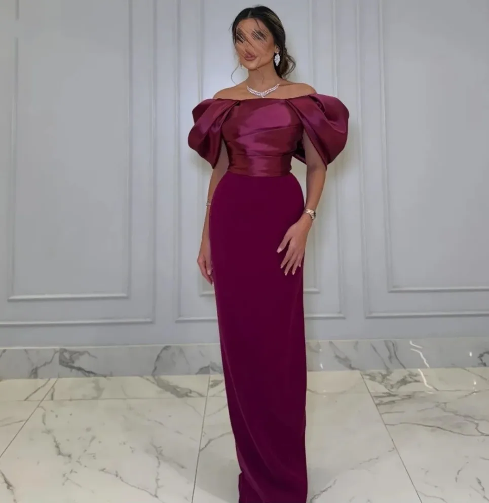 

Elegant Rose Red Evening Birtnday Dress Off the Shoulder Pleats Long Mermaid Satin Prom Formal Party Gowns Gala Robe De Soriee