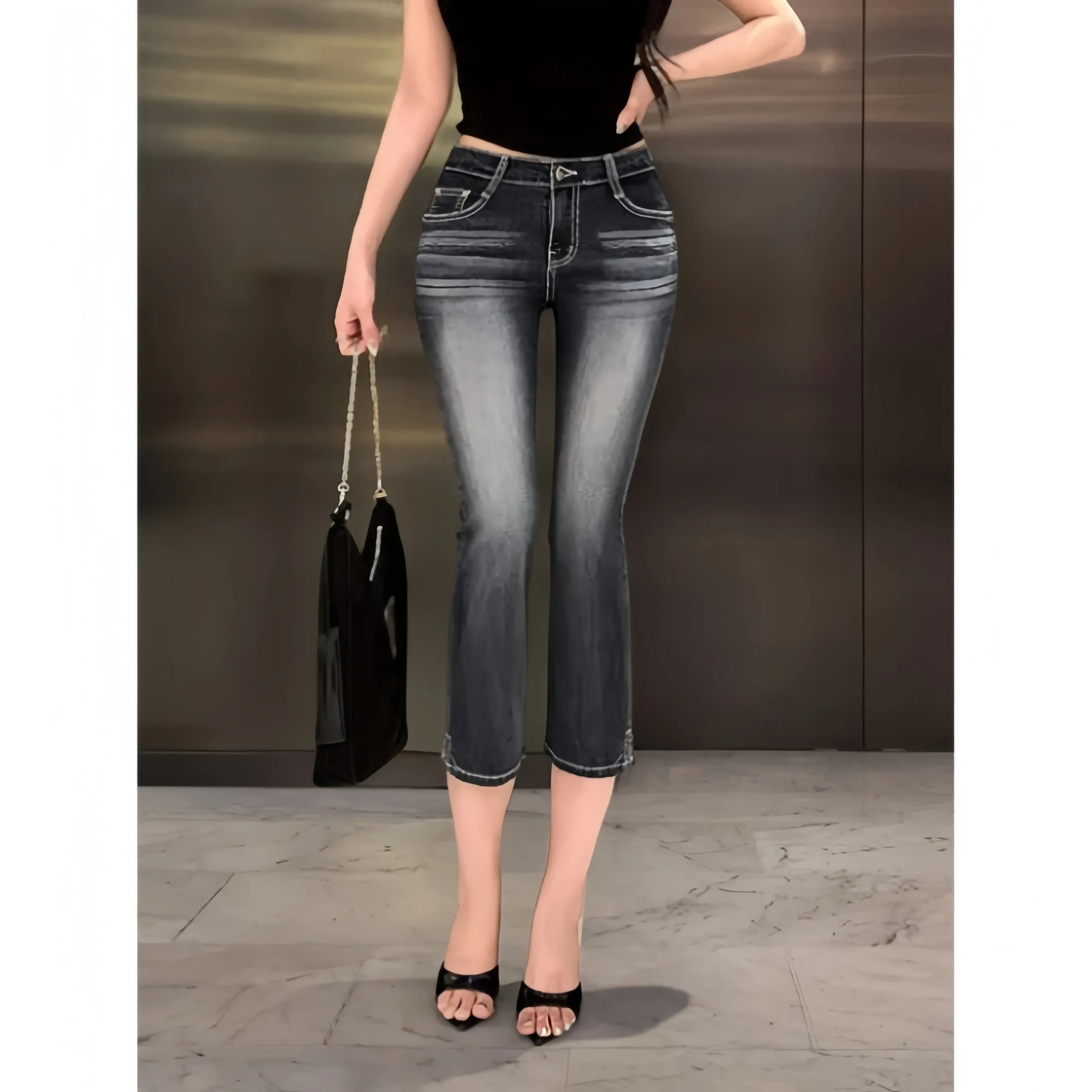 Slim Fit High Waist Straight Leg Jeans Korean Style Split Nine Point Denim Pants Women's Premium Fashion Casual Spring Autumn