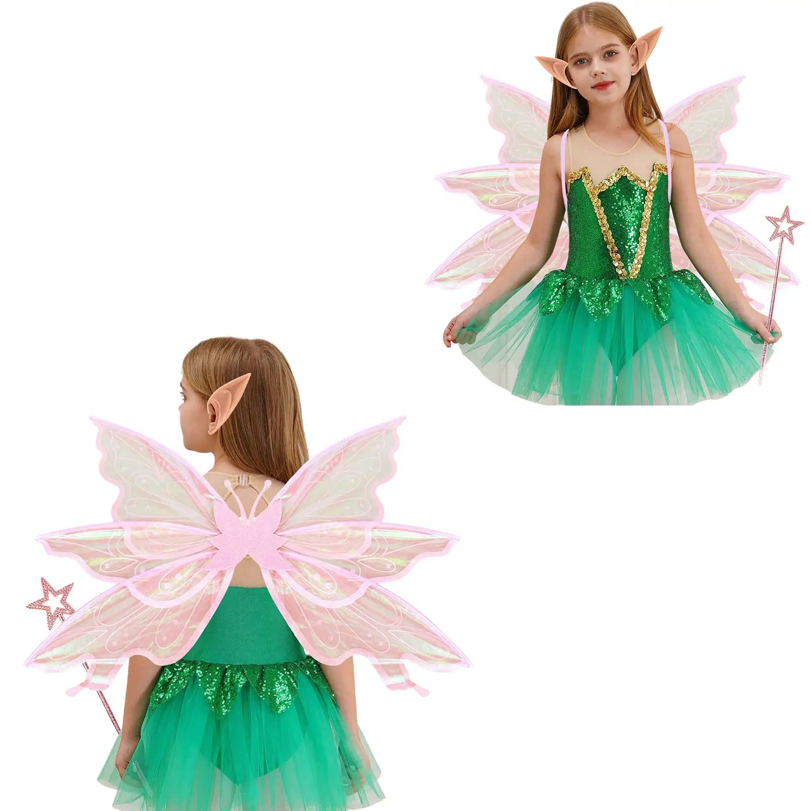 1Set Fee Vleugels voor VolwassenenMeisjes Fee Kostuum met Bloemenkrans Haar Klatergoud Wand Elf Oren Vlindervleugels Cosplay Accessoires