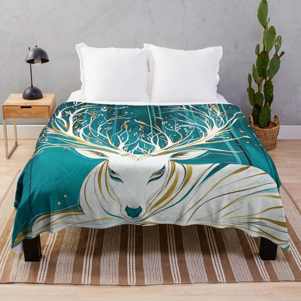 Abstract White Deer with Golden Antlers and Turquoise Background Throw Blanket Hair blankets and throws Blankets