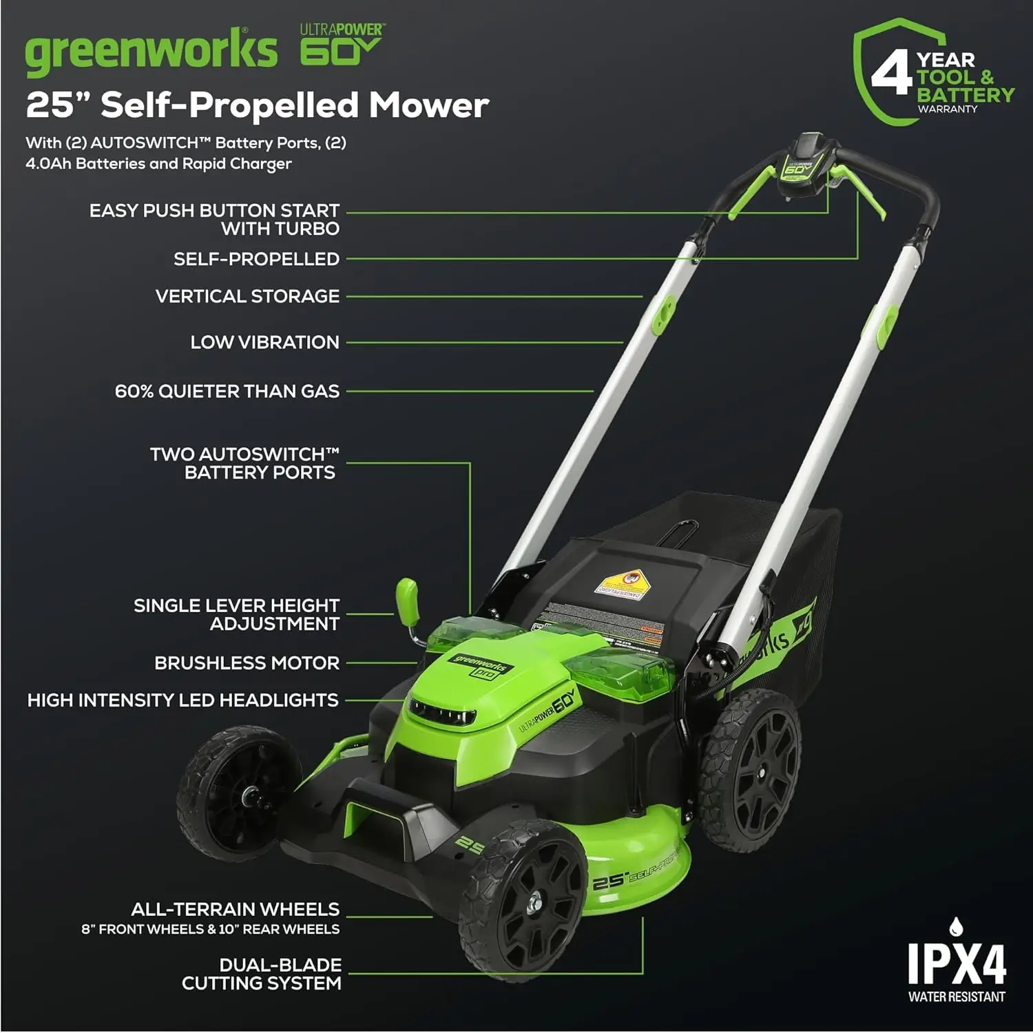 60V 25” Cordless (Self-Propelled) Lawn Mower (Led Lights + Aluminum Handles), 2 X 4.0Ah Batteries And Dual Port Rapid Charger