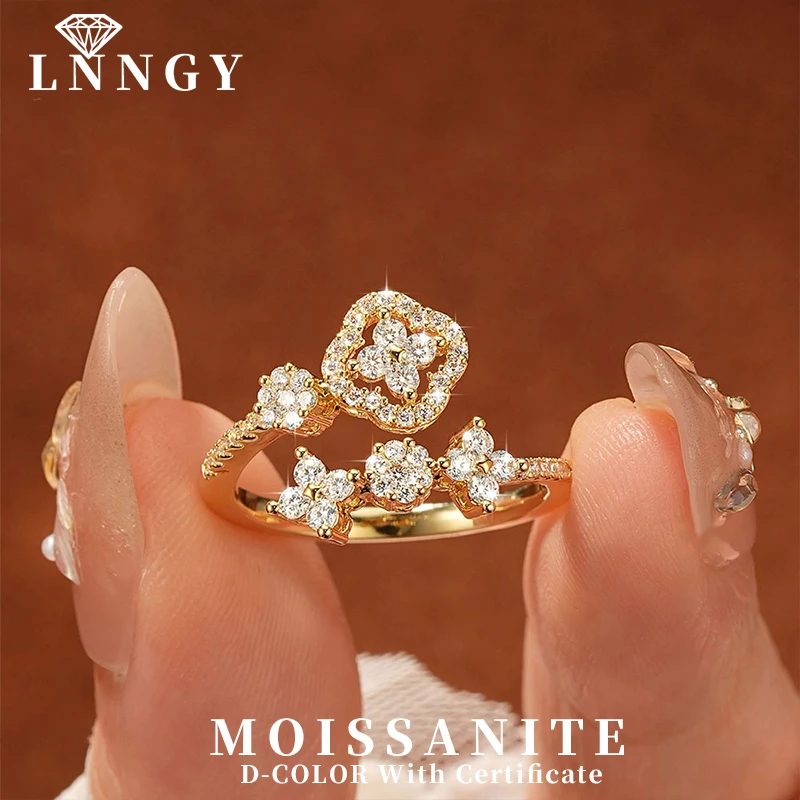 Lnngy Certified Moissanite Clover Ring for Women Exquisite Luck Flower Ajustable Rings Lab Created Diamond Finger Jewelry Gift