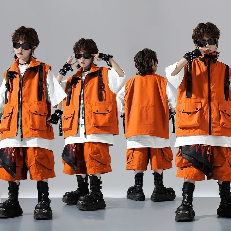 

2025 Boys Loose Suit Hip Hop Jazz Dance Costumes Orange Suit Top Cargo Shorts Suit Practice Street Dance Wear Clothing DQL11008