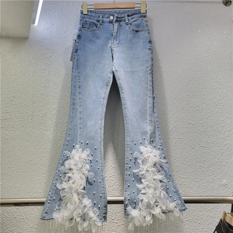 DEAT Women's Denim Pants High Waist Slim White Flowers Split Pearls Tassel Ankle-Length Flare Jeans 2025 New Fashion Spring